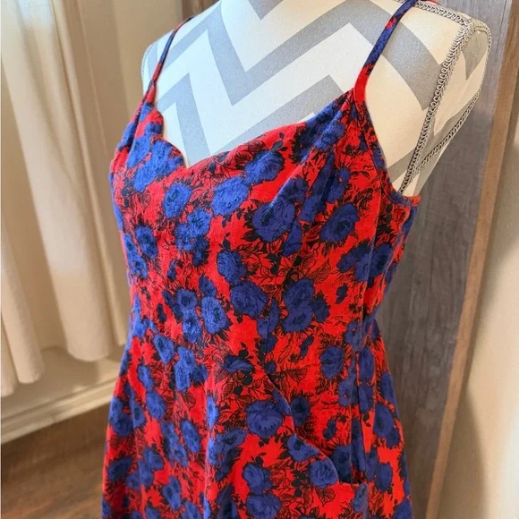Retro Rockabilly Floral Linen Cotton Blend Dress w Pockets Size Large red blue - Picture 3 of 16